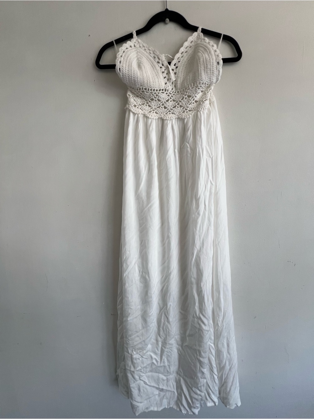White Crochet Bodice Maxi Dress with Spaghetti Straps